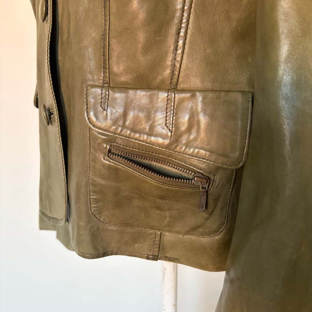 Overland Vintage Genuine Leather Buttoned Earthy Olive Green Blazer Jacket Sz L - Picture 6 of 10